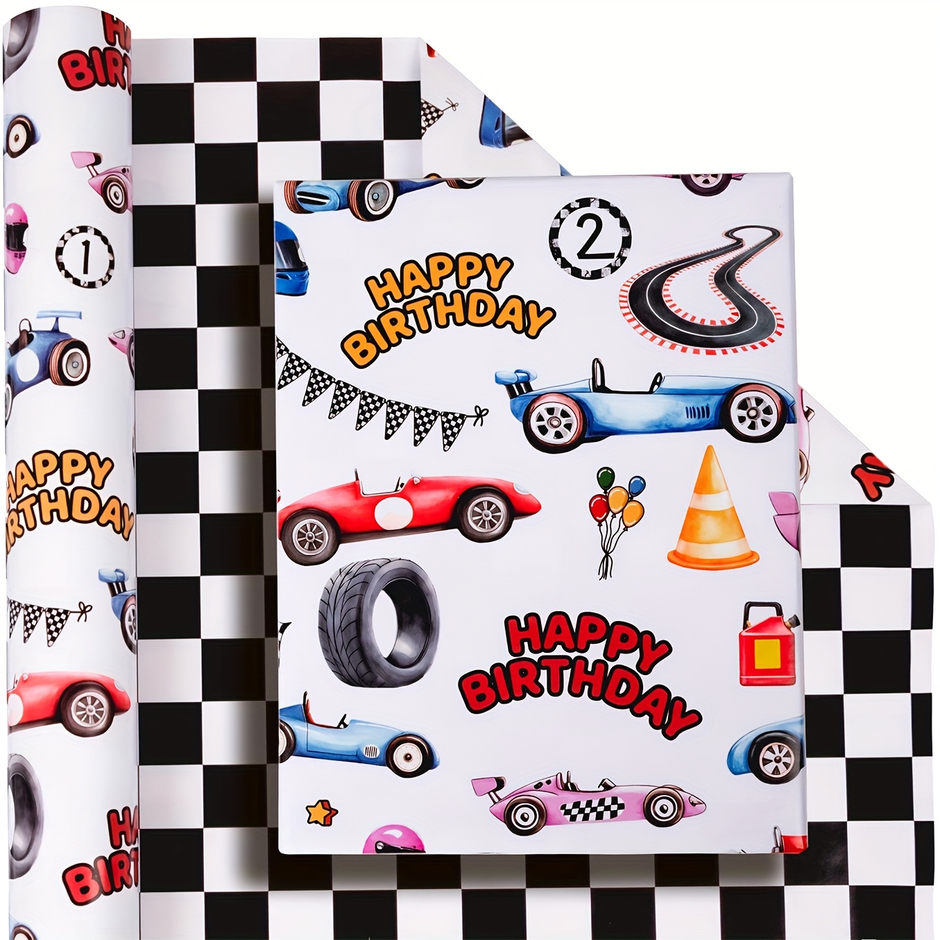 E-shop Eine Rolle wendbare Vintage-Rennwagen-Geschenkpapier, designt für Jungen, mit einem schwarz-weißen Karierten Flaggenmuster und bunten