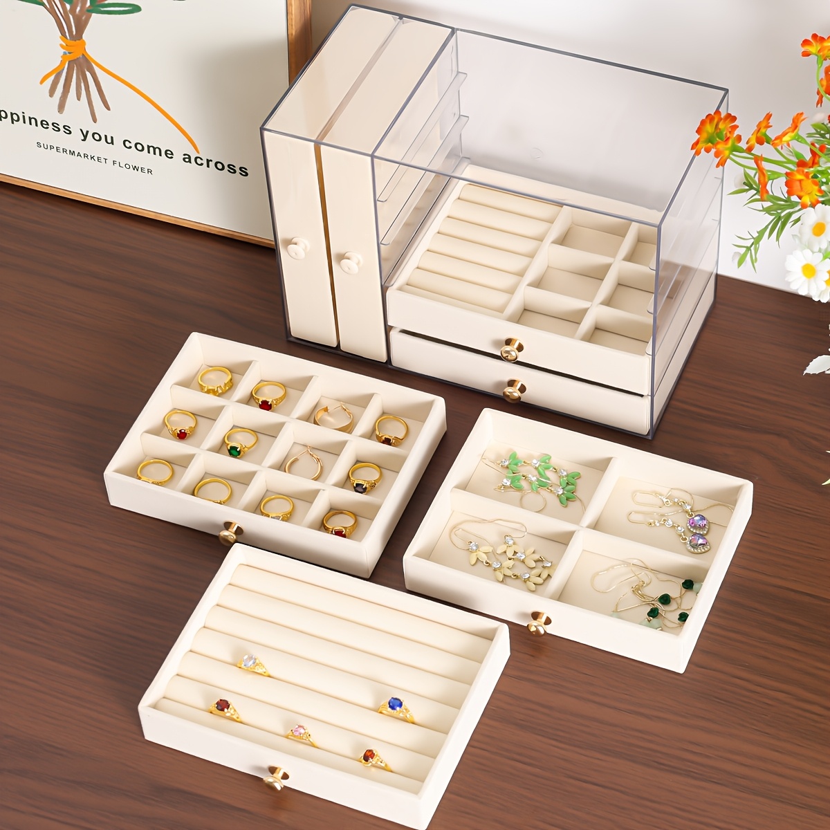 large capacity jewelry organizer box with multiple compartments for earrings rings necklaces bracelets durable plastic desktop storage box with golden handles polished   fabric lined interior ideal for valentines day christmas gifts jewelry gift box jewelry boxes Product details 5