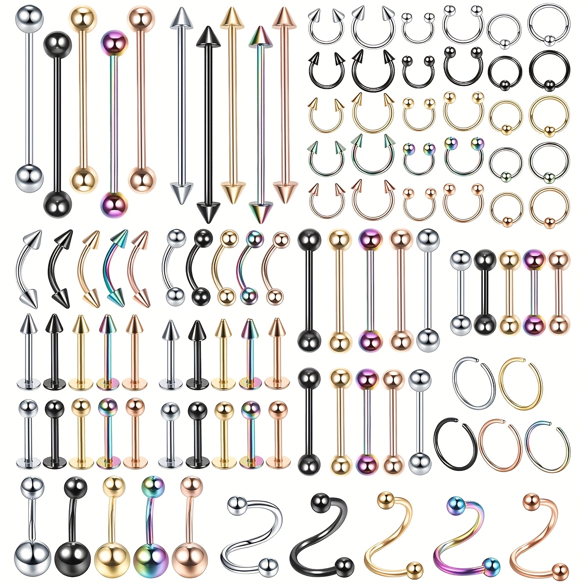 100pcs Piercing Kit Jewelry 14G 16G 20G Nose Rings Lip Studs Tongue Rings Stainless Steel Cartilage Earrings Tragus Eyebrow Industrial Barbell Belly Rings Body Piercing Kit Jewelry