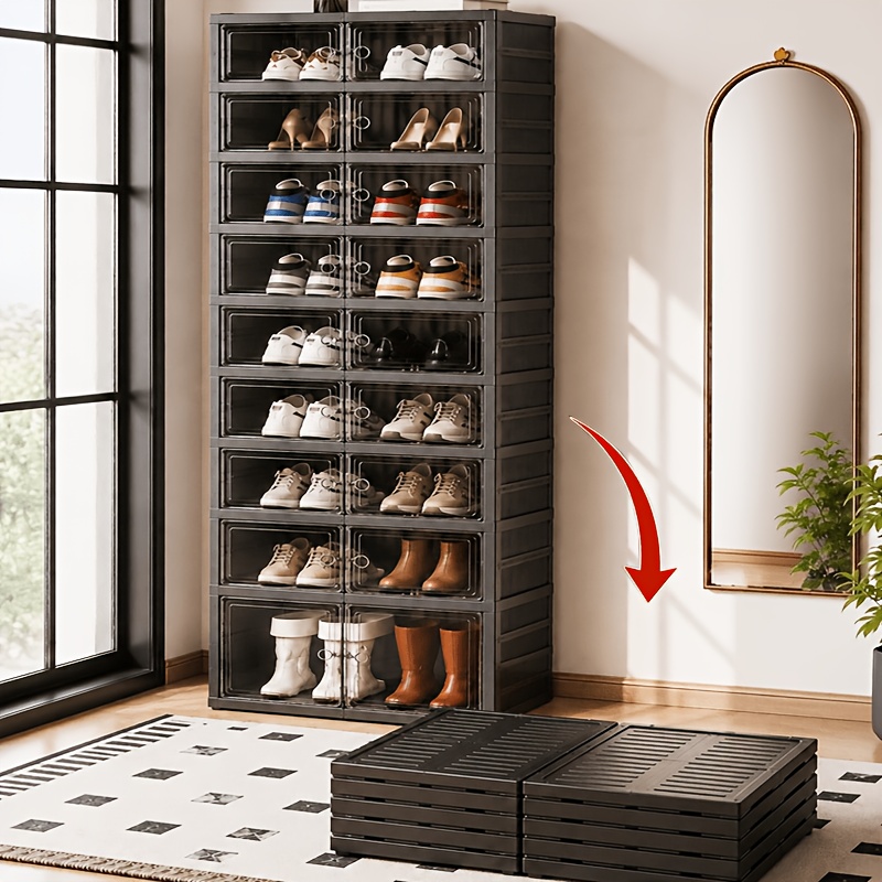 TEMU Armario zapatero plegable de formación con una sola y puerta transparente de succión magnética - Armario modular apilable de 9/6/3 niveles para