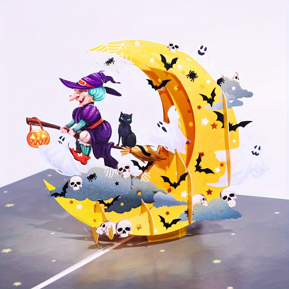 TEMU Happy Pop-up Greeting Card: Witch And Moon Design With Message Card And Envelope