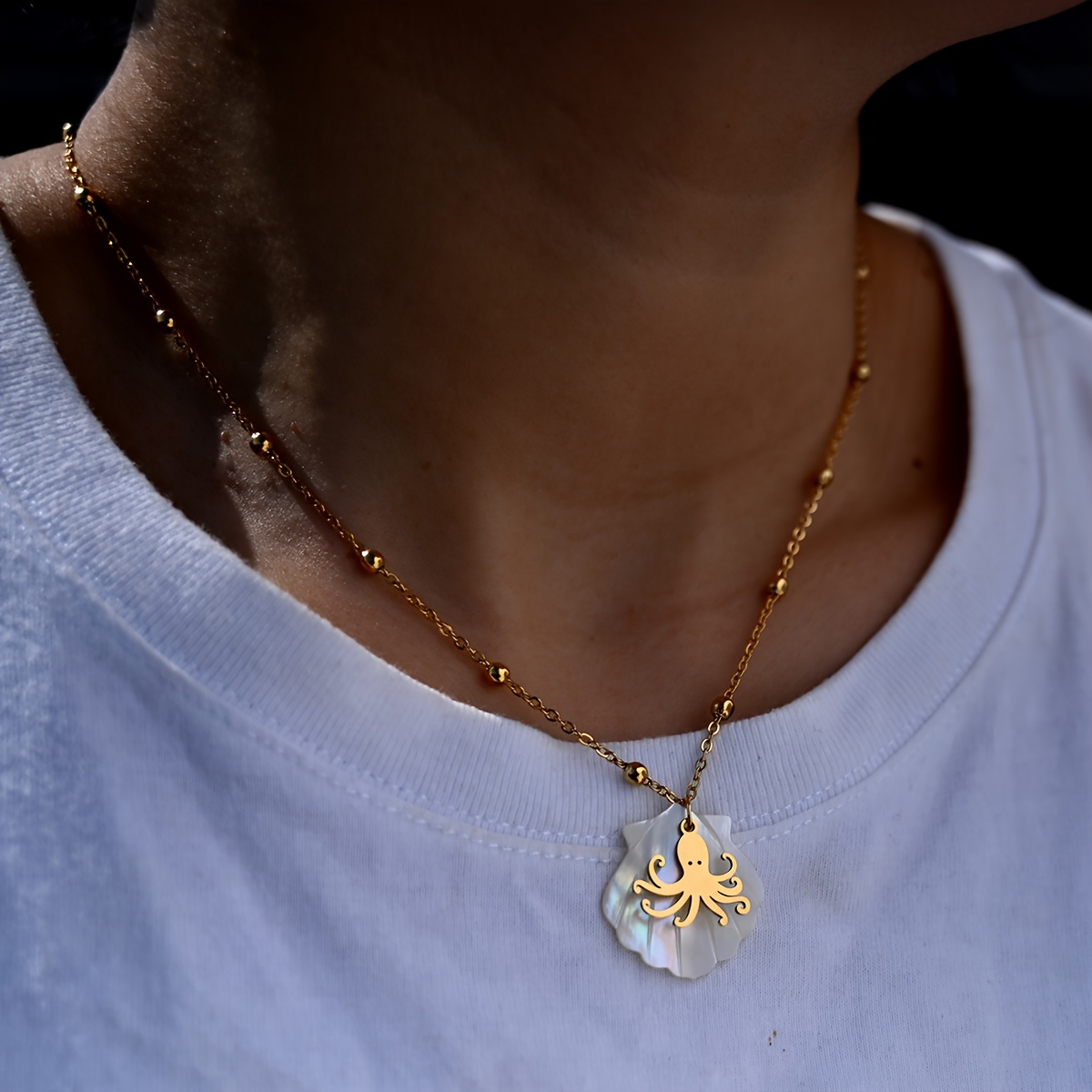 Ocean Series Golden Bead Chain Necklace with Seashell & Devil Fish