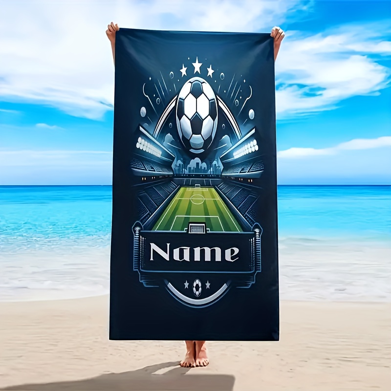 TEMU Soccer Event 2026, 1pc Personalized Custom Name/text Soccer Field Print Microfiber Beach Towel, Summer Beach Blanket, Suitable For Beach