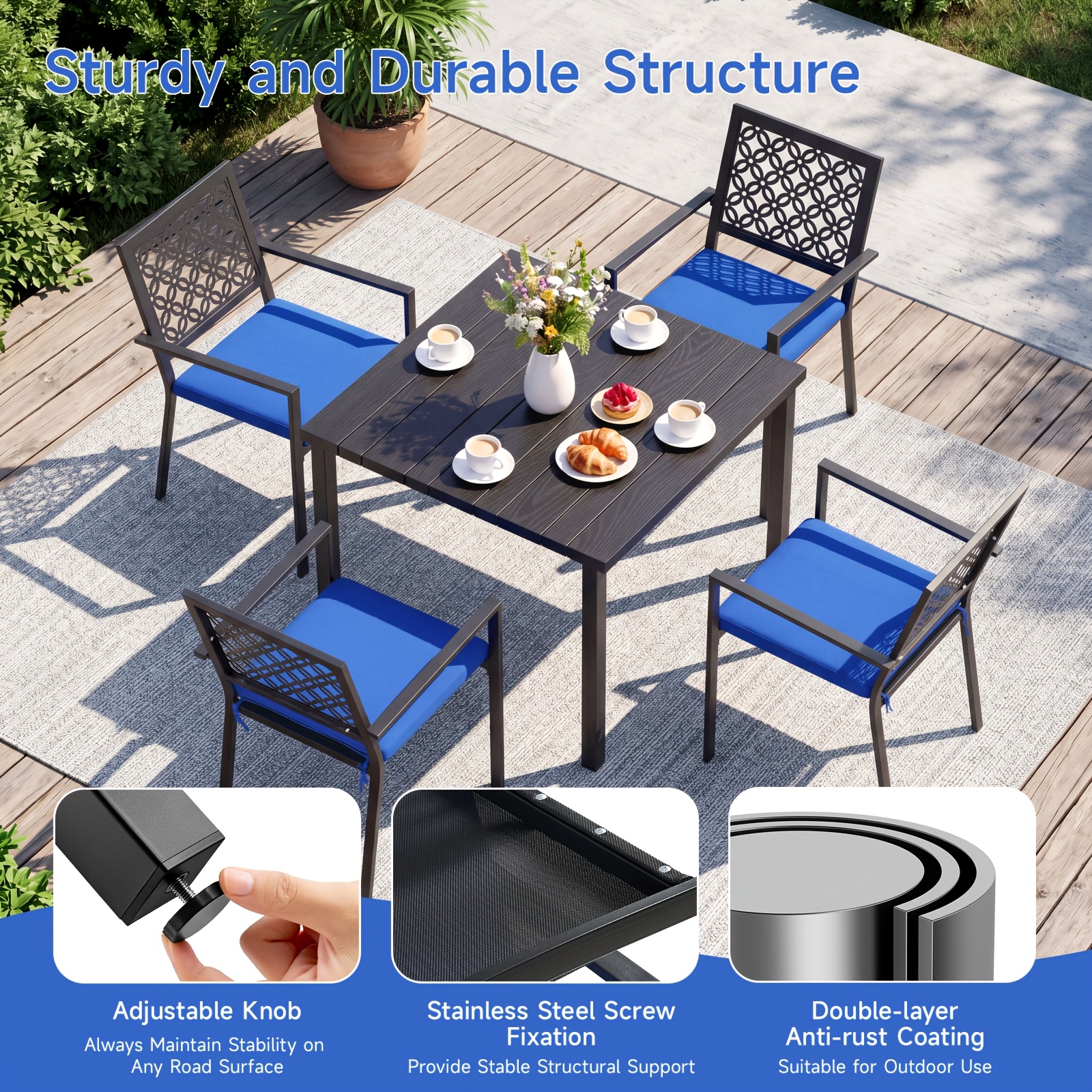5pcs Outdoor Dining Set, Wood Grain Square Outdoor Patio Table And Chairs Set, Metal Dining Set with With 4 Spacious Dining Chair, All Weather Patio Furniture Set for Deck Garden