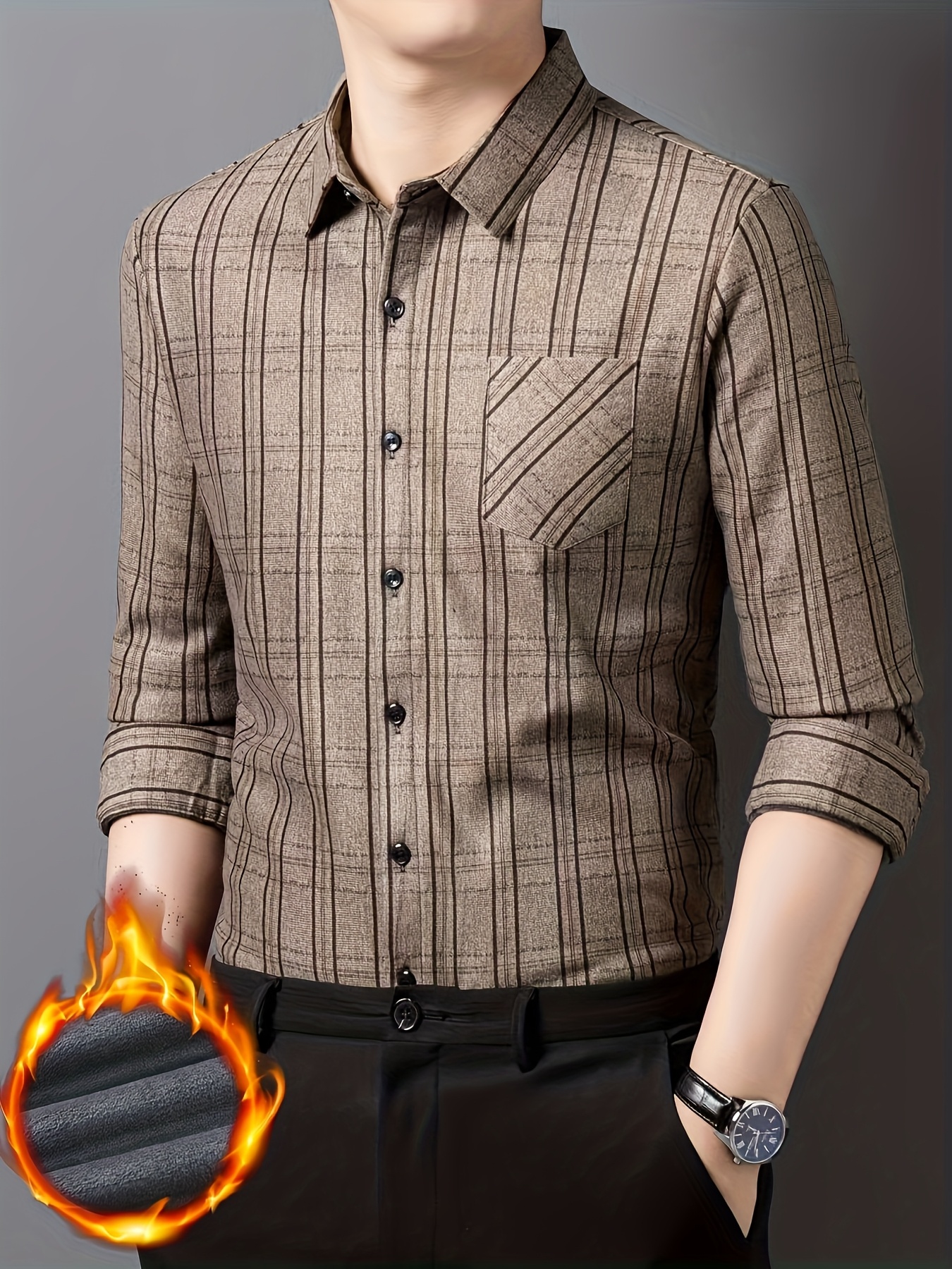 Autumn/Winter Light Luxury Vintage Fashion Plaid Men's Long-Sleeve -Lined Shirt, Business Casual Versatile Textured Top