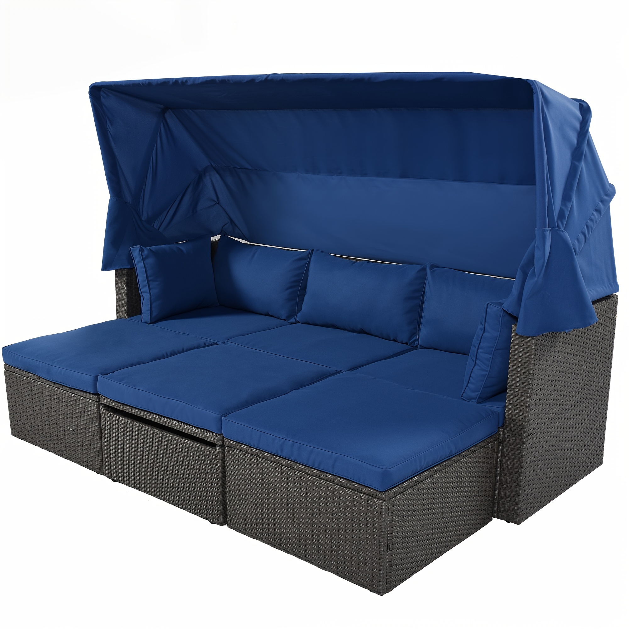 

Outdoor Patio Rectangle Daybed With Retractable Canopy, Wicker Furniture Sectional Seating With Washable Cushions, Backyard, Porch