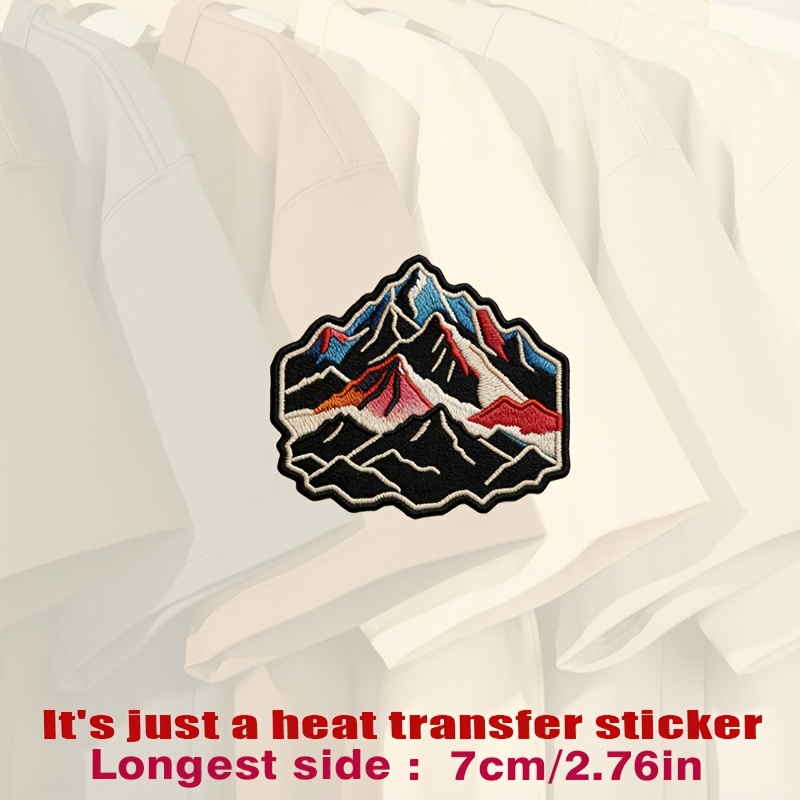 mountain landscape patch featuring vibrant red blue and   on a black background heat transfer stickers are suitable for flat fabrics such   hats canvas bags throw pillows leather bed sheets carpets etc  