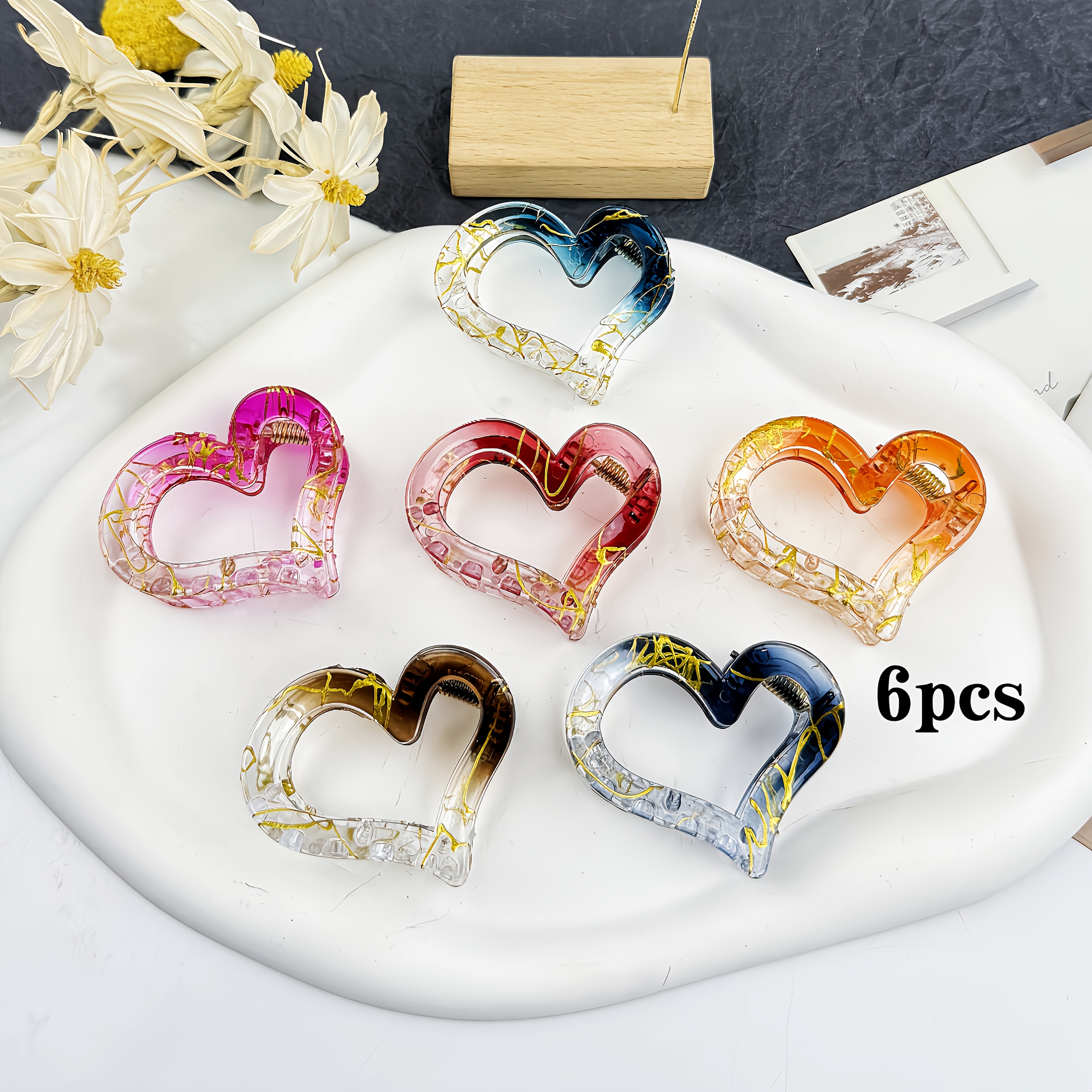 TEMU Ensemble de 6 pinces à cheveux élégantes de cœur, pince à cheveux dégradée, pince à cheveux antidérapante, accessoire de cheveux en plastique