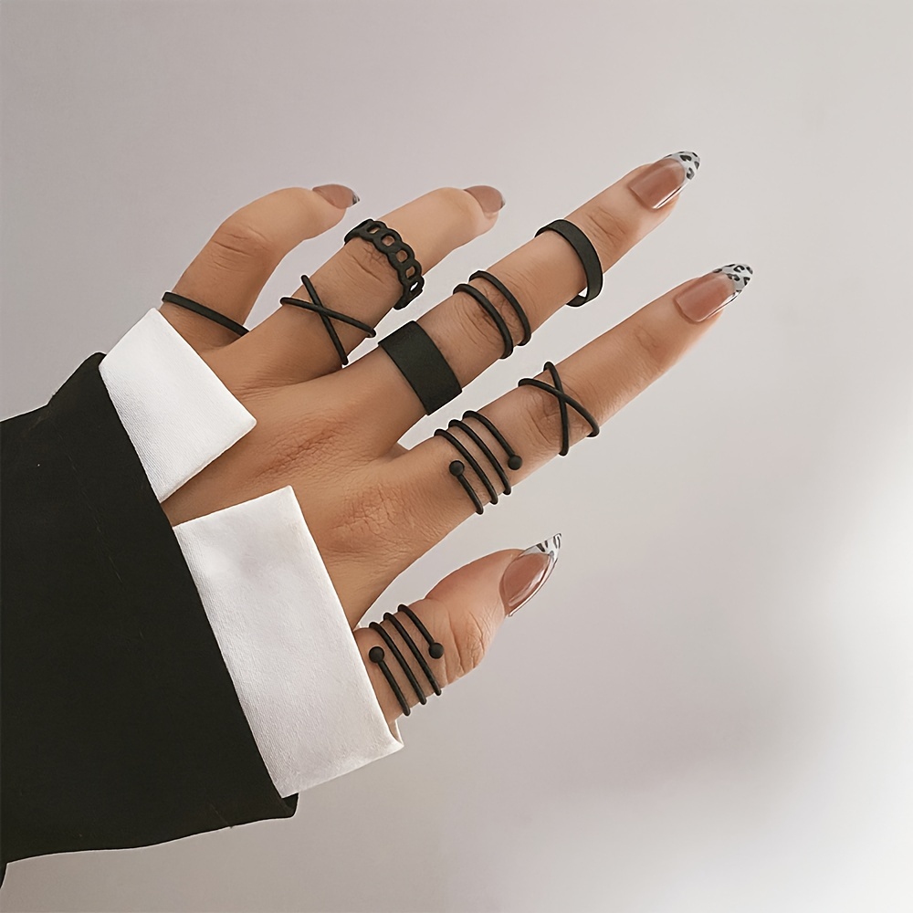 

9pcs Gothic & Hip Hop Style Black Spiral Rings - Adjustable, Stackable Fashion Jewelry Set For Women, Parties & Festivals