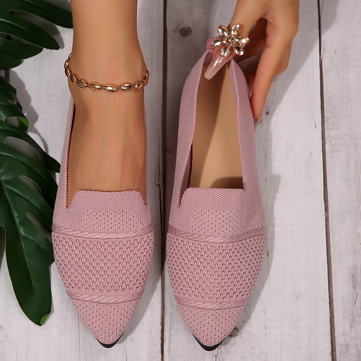 Elegant Ballet Flat Shoes For Women, Slip-On Breathable Soft Sole Daily Knitted Ballets, Point Toe Daily Wear