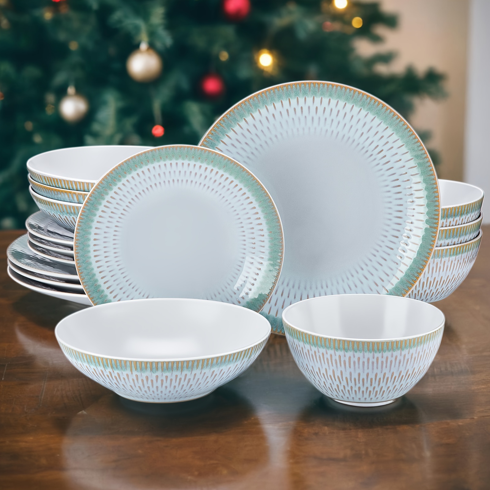 Embossed Dinner Set, Stoneware Vintage Look Green Dinnerware Tableware, 16pcs Dinner Service Set For 4, Includes Dinner Plate, Dessert Plate, Cereal Bowl And Mug