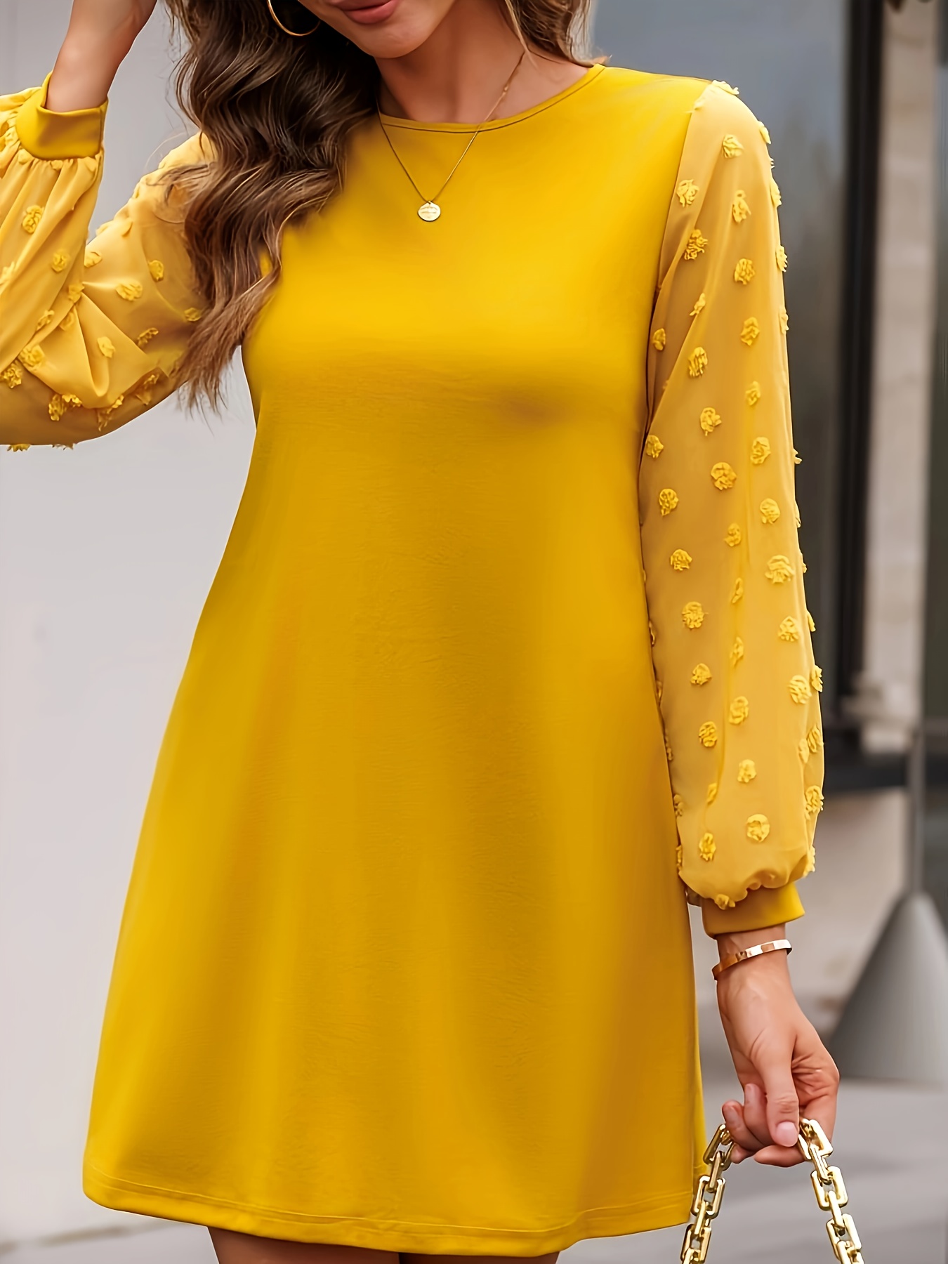 women's elegant casual long sleeve square neck dress - mustard yellow puff  sleeve detail, machine washable, versatile for spring summer fall, office &  casual outfits, flowy fabric gown - women's clothing - Temu