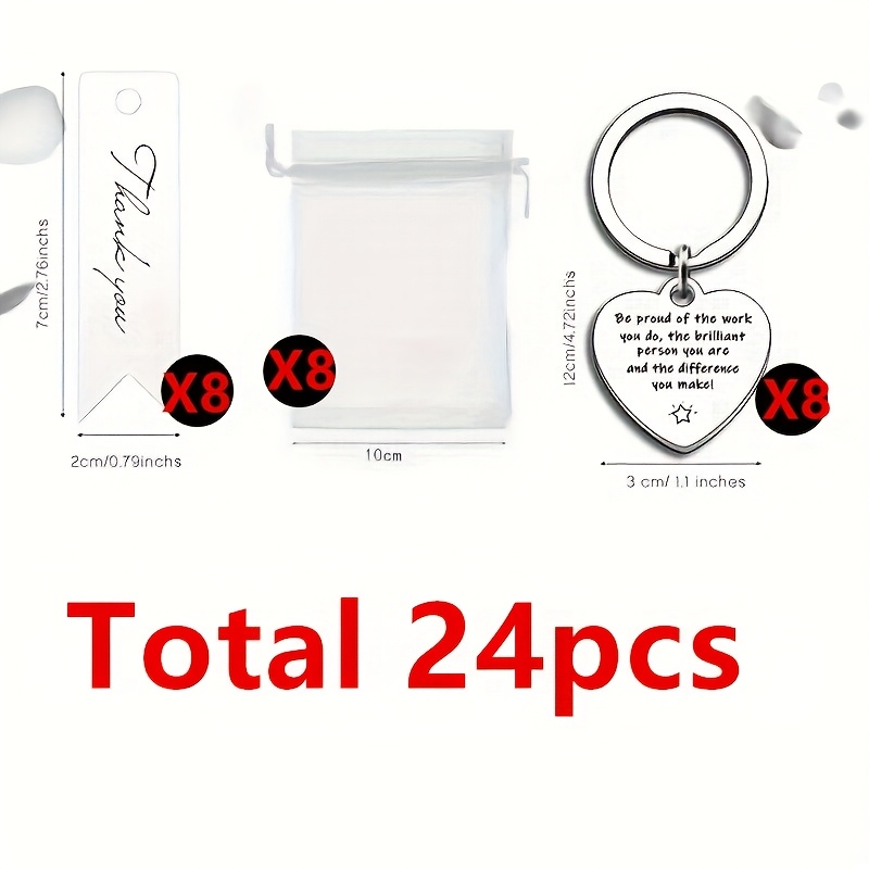 TEMU A Set Of 24pcs Inspirational Heart-shaped Keychain Set, Including 8 Keychains, 8 Thank You Cards And 8 Organza Bags, Company Anniversary Gifts,