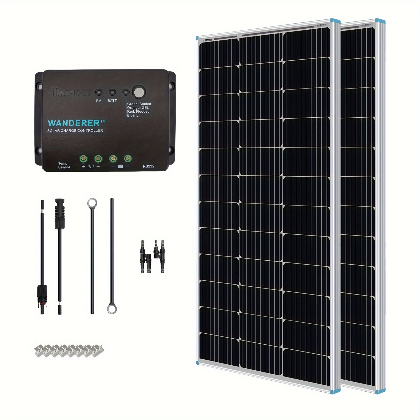 

Renogy 200 Watt 12 Volt Monocrystalline Solar Panel Kit With 2 Pcs 100w Solar Panel And 30a Pwm Charge Controller For Rv, Boats, Trailer, Camper, Marine, Off-