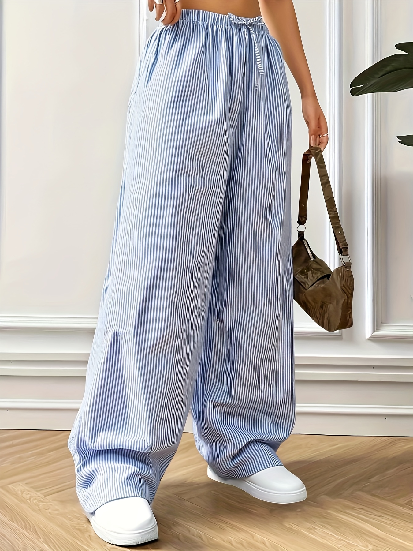 pantalones anchos mujer rayas cintura elástica cordón rayas Temu