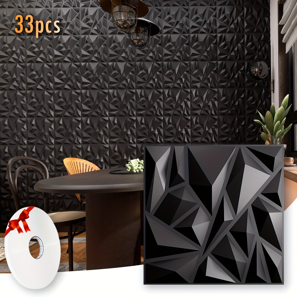 E-shop 33 Stück 3D Wandpaneele Diamant Geometrisches Design, 30x30cm (11.8"x11.8"), Schwarz & Weiß PVC Paneele für Wände & Decken mit Doppelseitigem