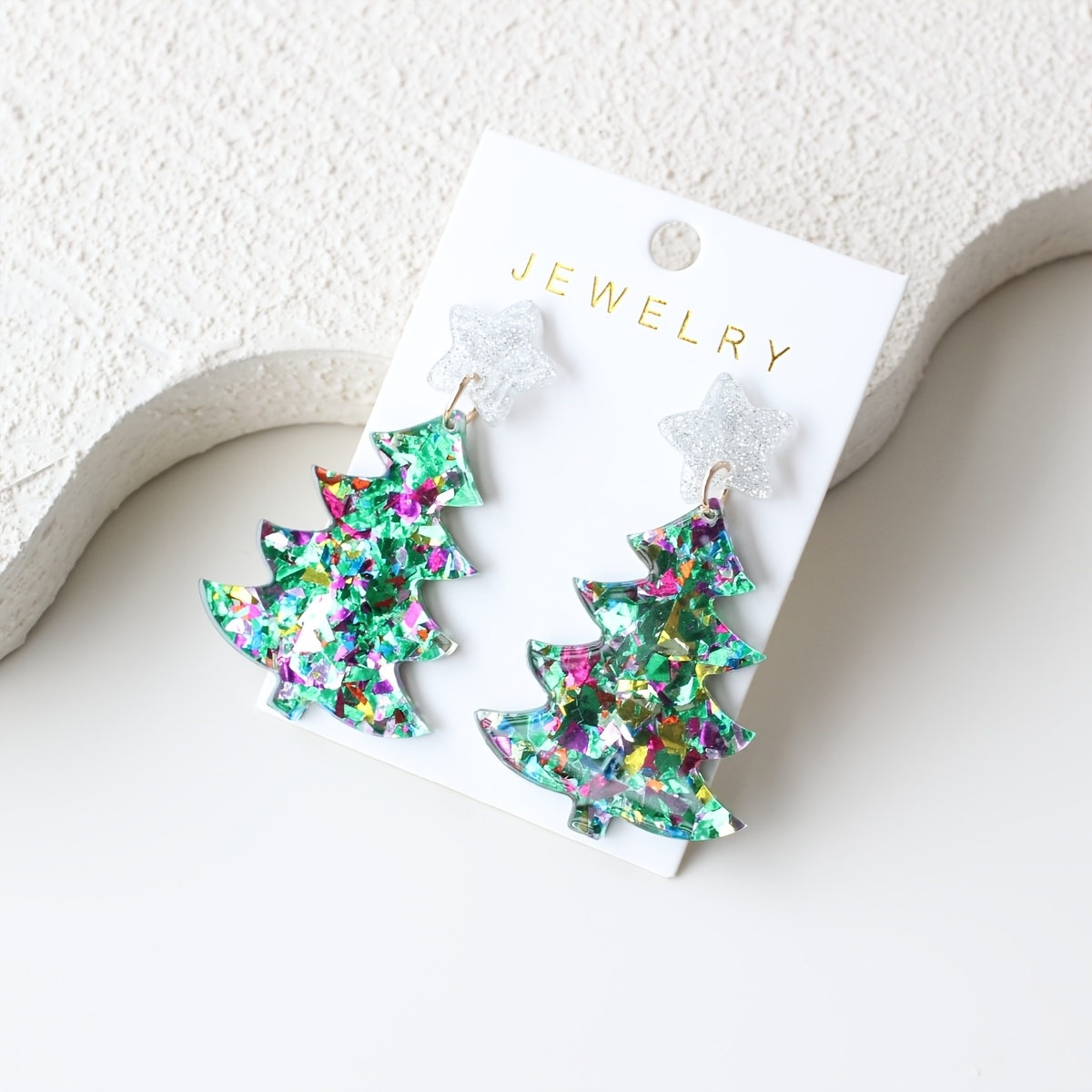 TEMU Weihnachten 1 Paar funkelnde silbrige fünfzackige Stern grüner Acryl-Ohrhänger für Damen, mit Tontextur, niedlich elegant, geeignet für den ,