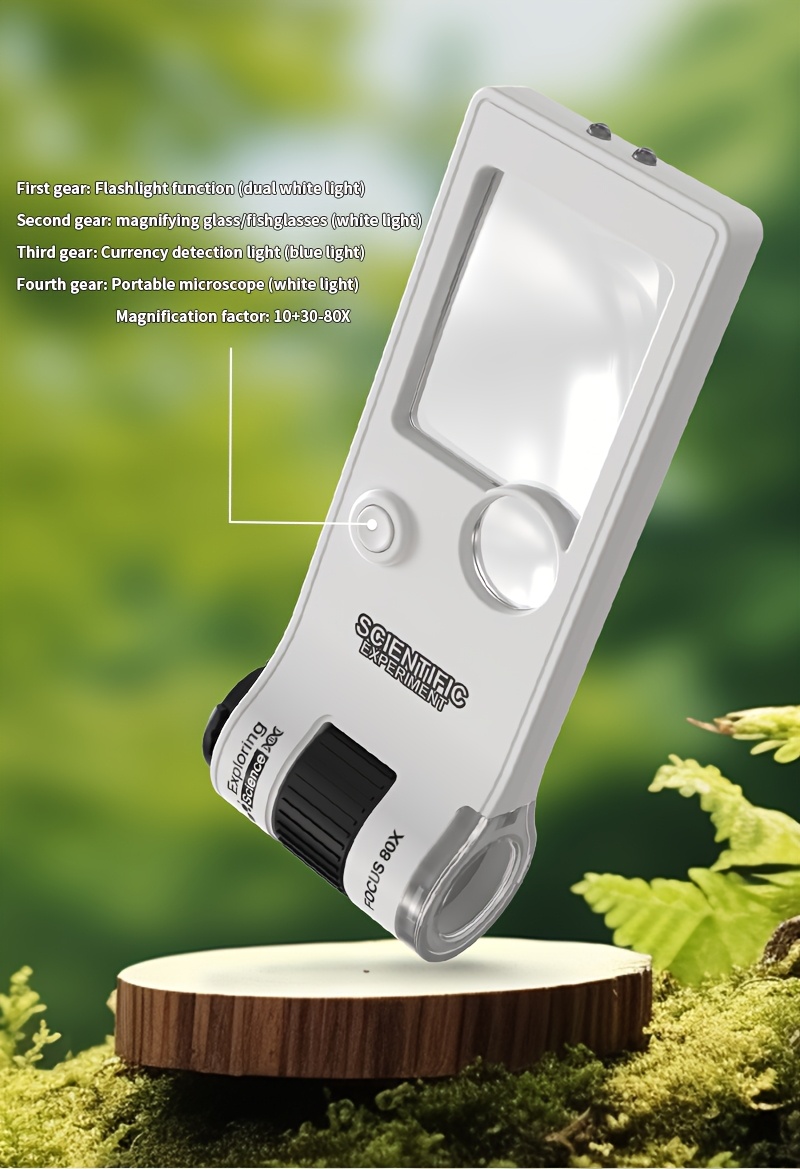Microscopio Portátil 2-en-1 de Doble Función 3-10-80X con Luz LED Morada para Aventuras al Aire Libre, un Buen Regalo de Cumpleaños y del Día del Niño desde el Laboratorio a la Naturaleza
