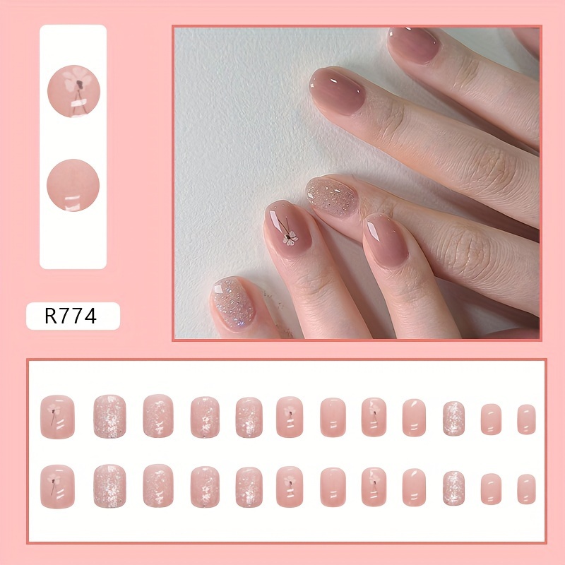 TEMU 24pcs Vintage Floral Square Nails, Press-on Fake Nails With 1pc Tape And 1pc Nail File