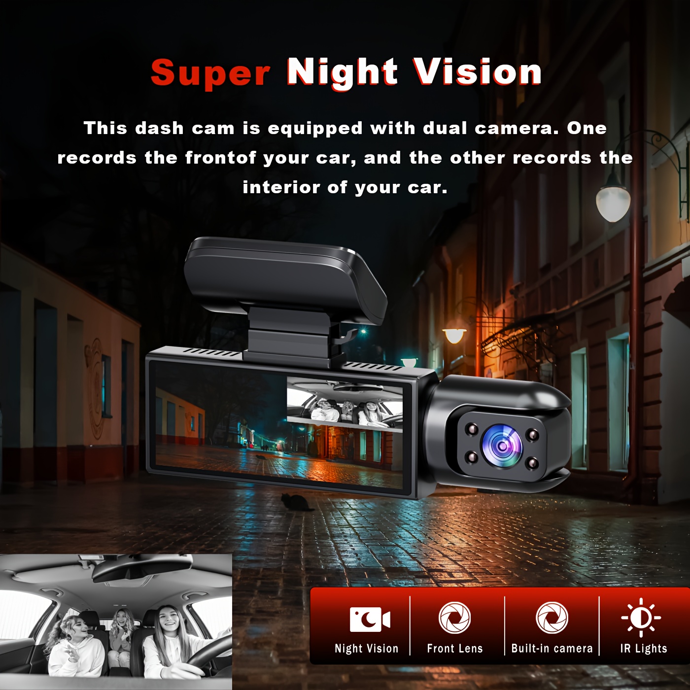 BCUOZ 1080P Dual Camera Dash Cam for Cars with IR Night Vision, Loop Recording, Wide Angle Lens & 3.16