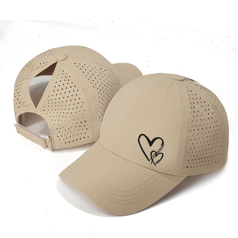 Women's Quick-dry Ponytail Hat With Heart Print - Lightweight Fit Suitable For Outdoor Sports, Gym, Swimming, Ponytail-compatible For - Use, Gender Reveal Parties & Lifestyle