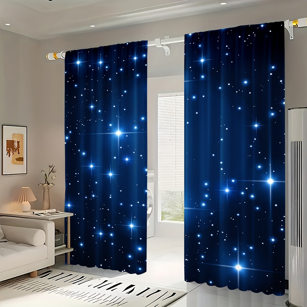 TEMU 2pcs Starry Sky Printed Curtains - Blue , Rod , No Drilling Required, Quick Installation, Enhancing Privacy And Style, Ideal For Bedroom, Living