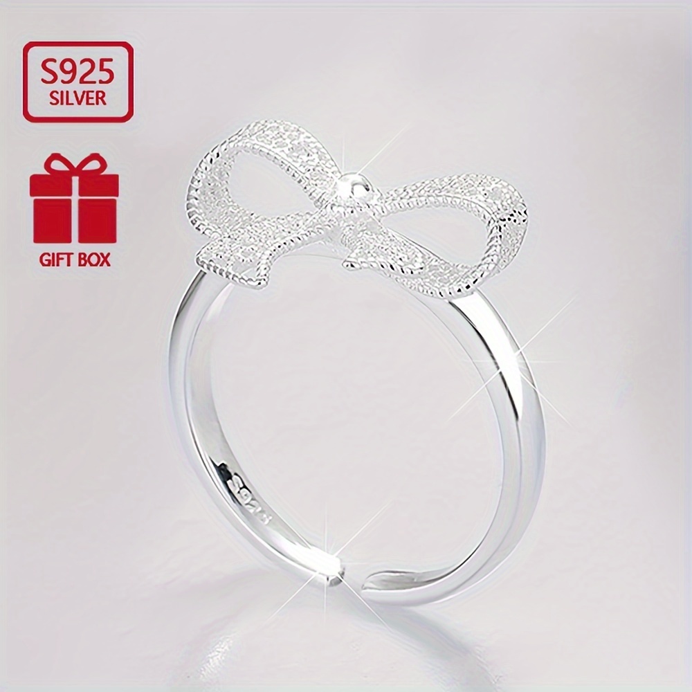 

Elegant Adjustable 925 Sterling Silvery Ring With Hollow Floral Bow Design - Perfect For Casual Attire & Gifting