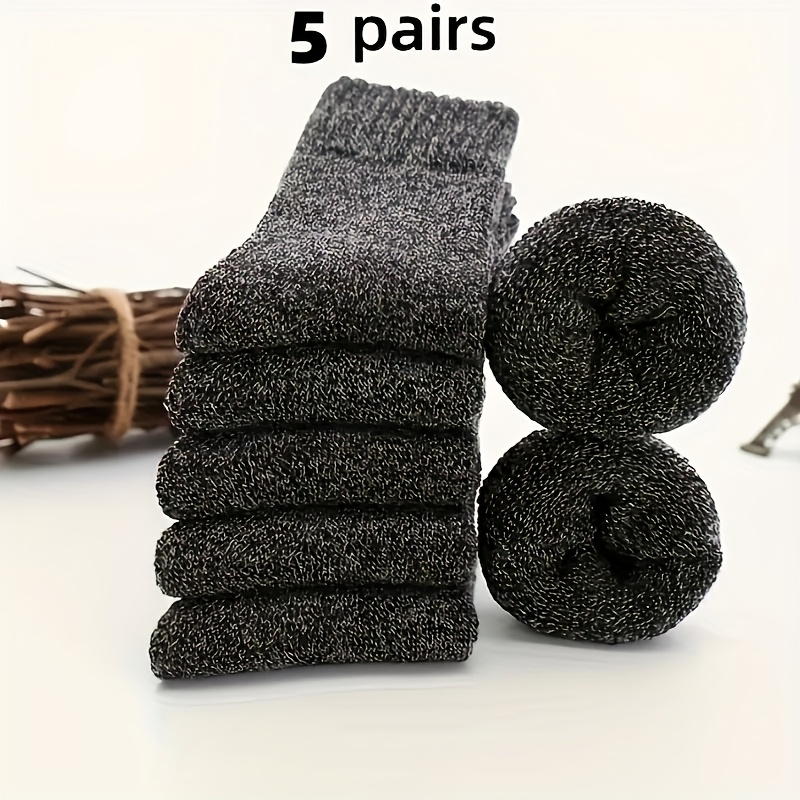 TEMU 5 Pairs Men's Thick Blend Socks Set - Comfortable Solid Mid-calf Winter Socks (dark Gray, Light Blue, Brown, Navy, Beige, White), Soft And Warm,