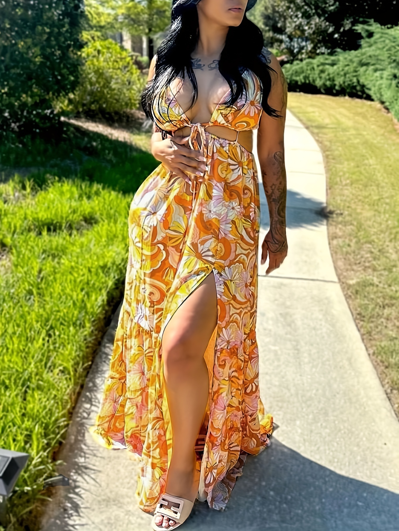 green emerald velvet dress Trendy Leaf Print Ivory Maxi Dress | Women's Dress main image 1