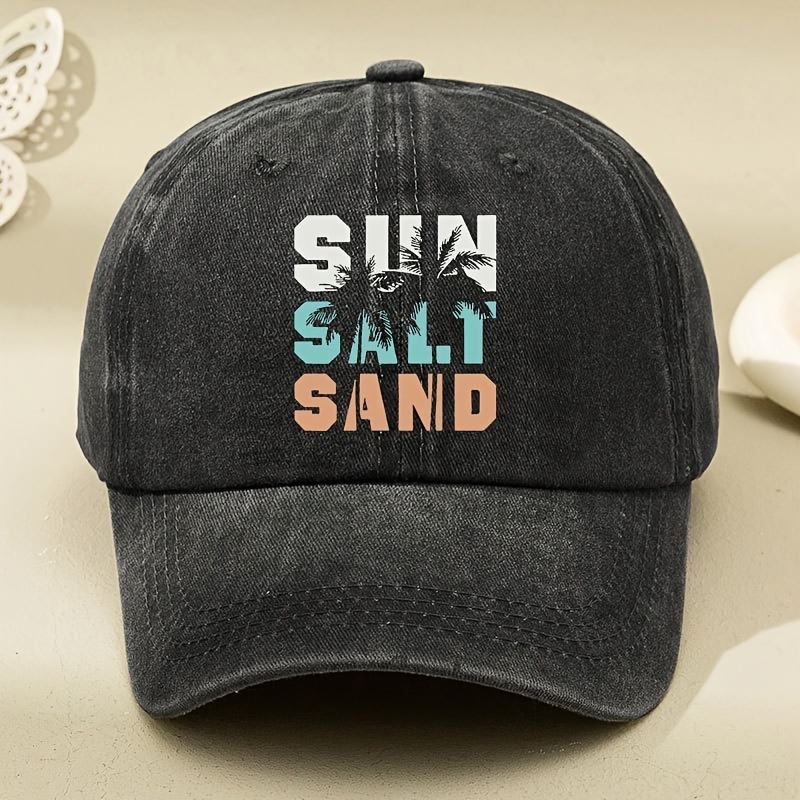 

Sun Salt Sand Slogan Baseball Cap Coconut Tree Printed Solid Color Washed Distressed Dad Hats Breathable Adjustable Sports Hat For Women Men