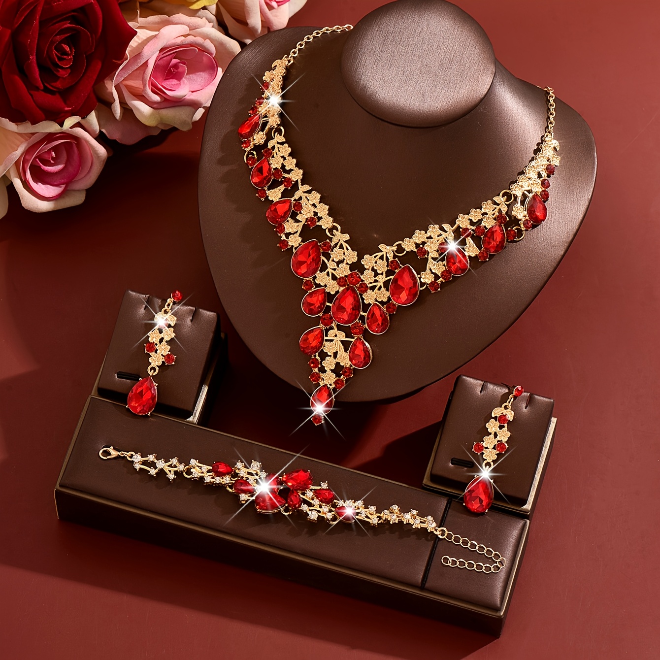 Women's Retro Luxurious Leaf-Shaped Rhinestone 3pcs Set