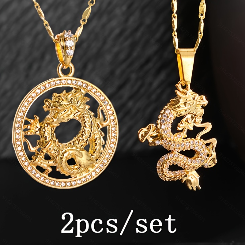 

2pcs/set Retro Ethnic Style Zircon Golden Dragon Mascot Lucky Copper Pendant Necklace Set Men Women Amulet Jewelry Anniversary Gift