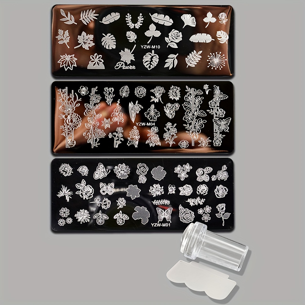 Image of 4pcs Set Of Nail Art Steel Plates And Stamp Scrapers, Full Decals Of Flowers, Leaves, Butterflies, Roses, And Plant Patterns, Nail Art Printing Template Nail Polish Transfer Tools
