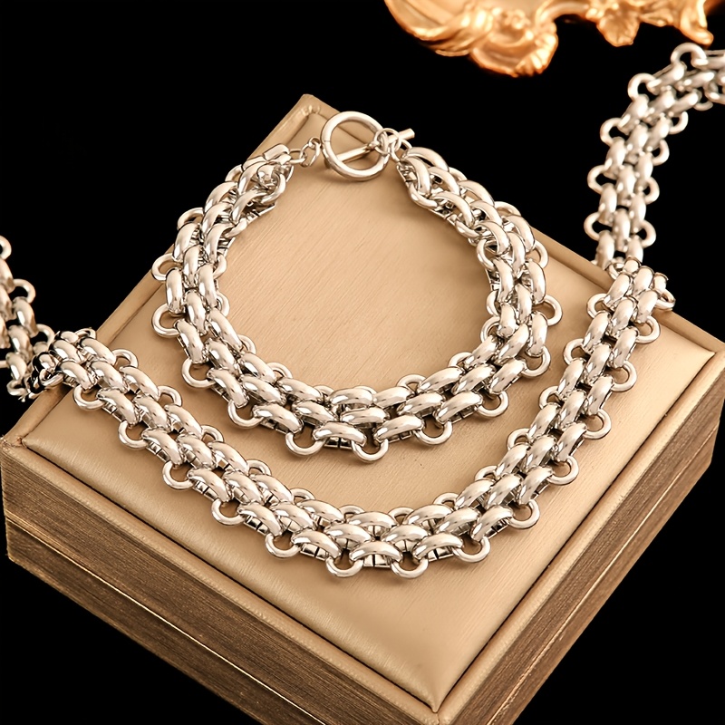 TEMU Set di collana e bracciale con catena in acciaio inossidabile, 2 pezzi, per donna, nuovo punk, oro 18 , gioielli impermeabili
