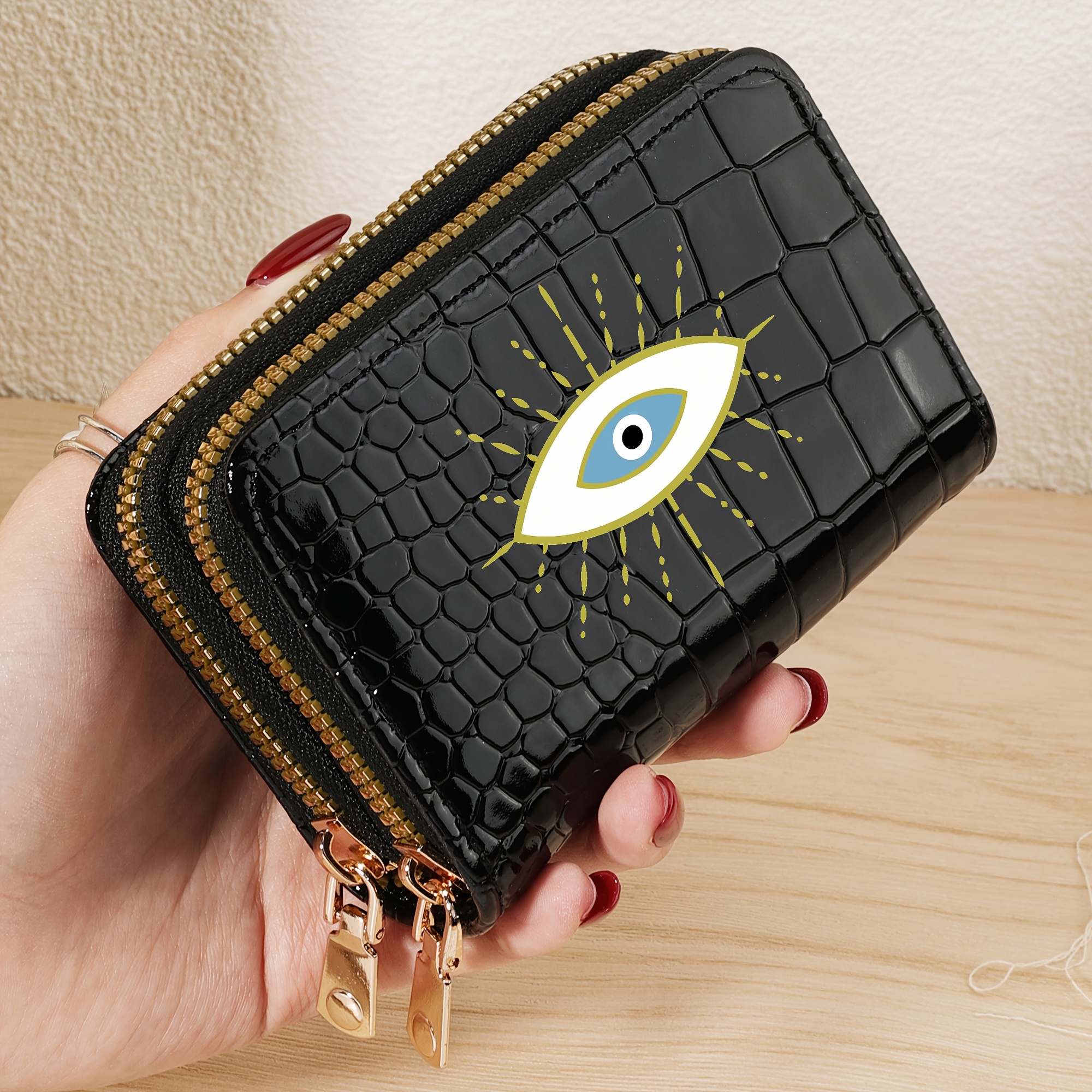 Image of Minimalist Eye Graffiti Printed Zipper Credit Card Storage Bag, Simple And Casual Multi Slot, Fashionable Double-layer Zipper Around , School Dormitory And Back To School Supplies Bag