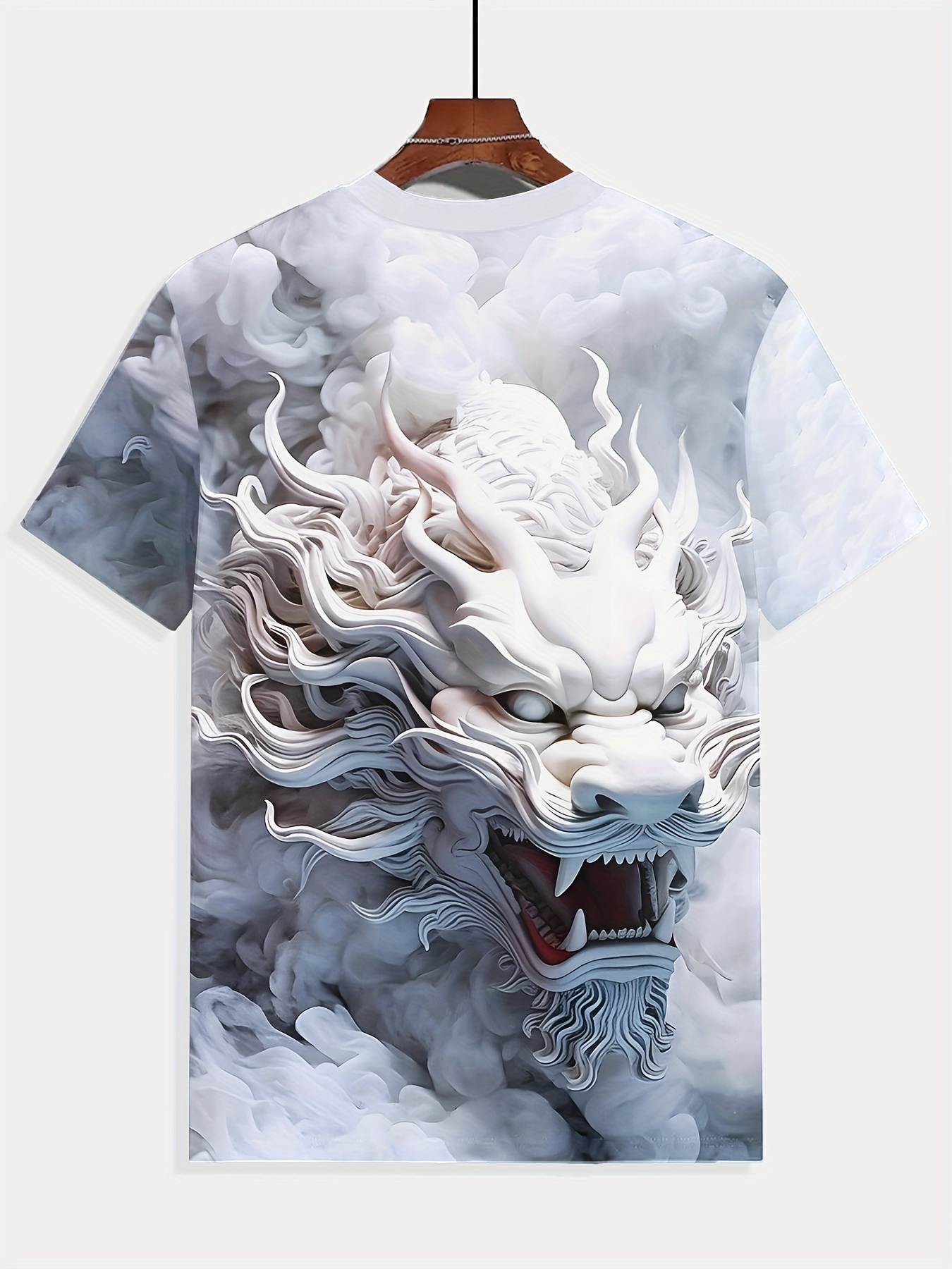 mens vivid 3d cloud dragon print t shirt casual sporty breathable polyester short sleeve round neck   summer   beige 0