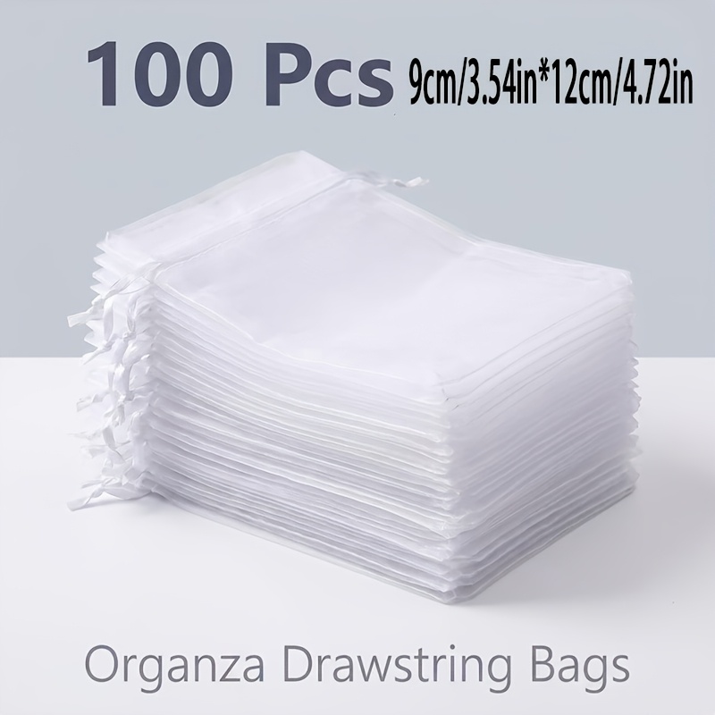 Image of 100pcs 9cm/3.54in*12cm/4.72in White Mesh Drawstring Bags, Portable Small Organza Pouch For Jewelry, Candy, Dried Flower Sachet Storage