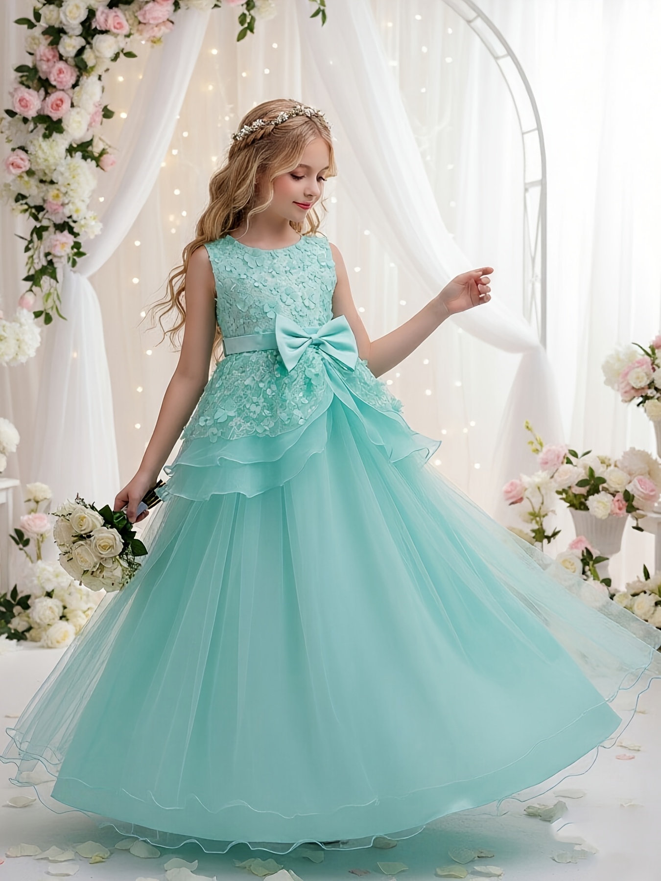 girls princess dress long sleeveless crew neck non stretch - Temu Australia