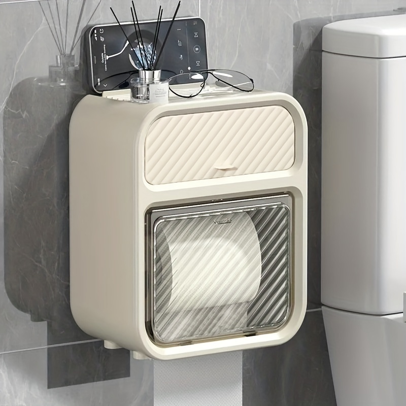 Image of -mounted Tissue Holder For Bathroom - No-drill, Polished Plastic Storage Rack With Seamless Adhesive Pads, Toilet Paper Storage Containers