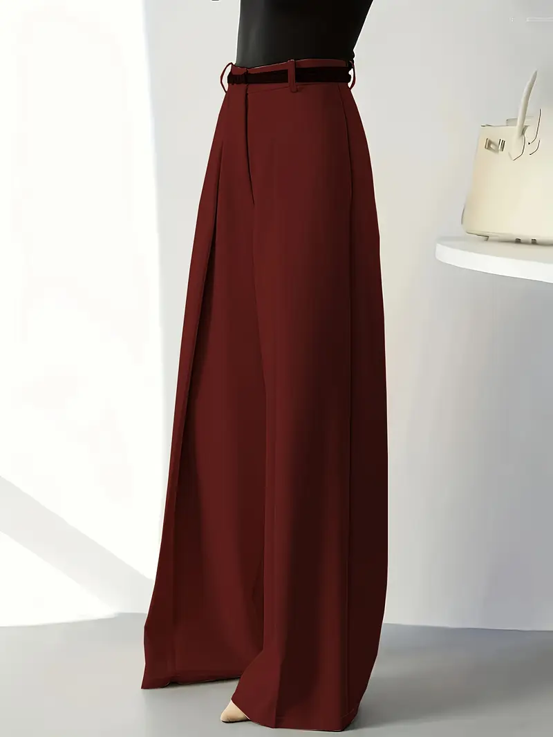 QD110810 Women's Wide-Leg Pants Solid Color with Pockets Casual Trousers No Belt QD110810 Women's Wide-Leg Pants Solid Color with Pockets Casual Trousers No Belt
