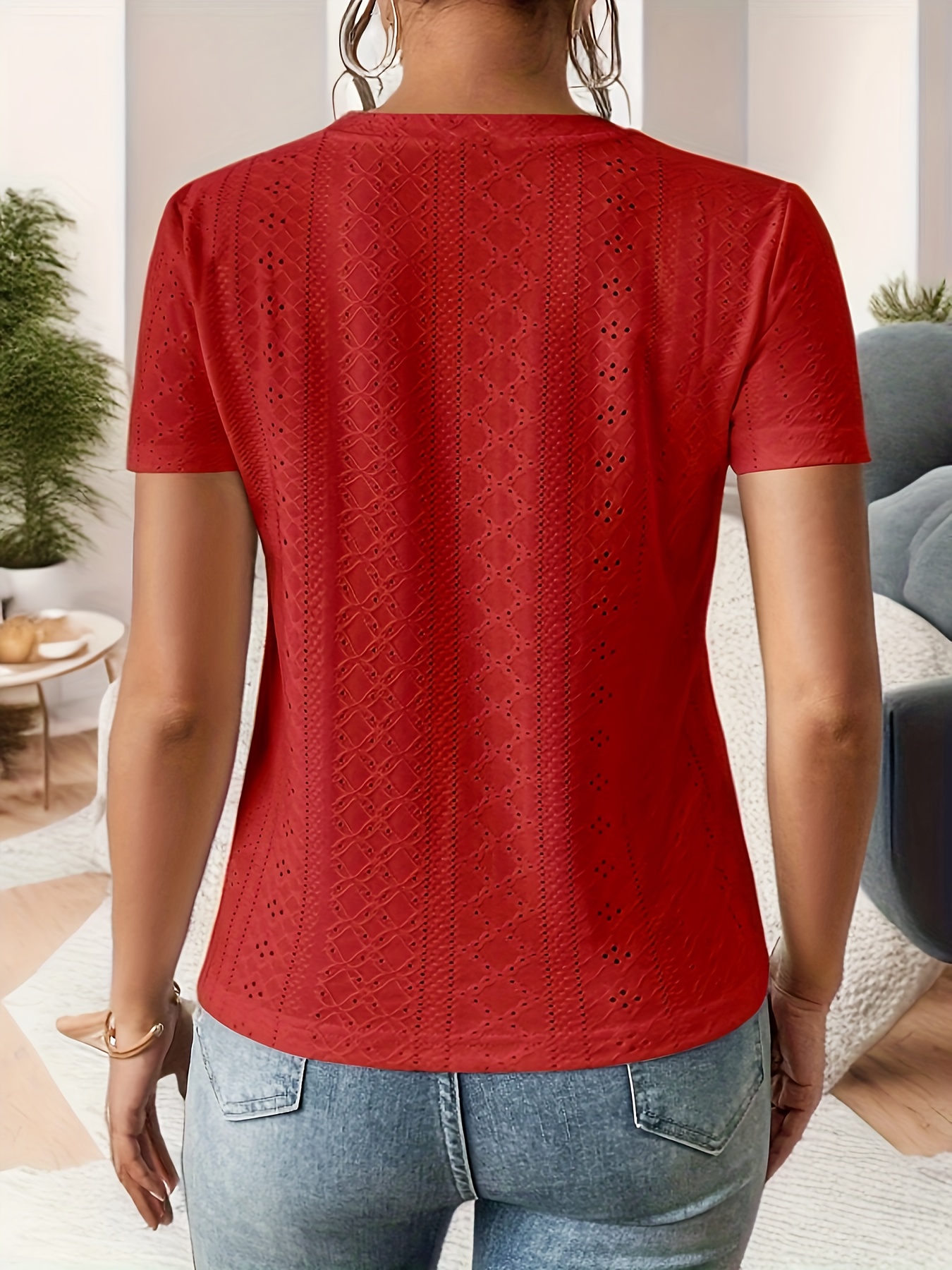 Eyelet Crew Neck T-Shirt, Casual Short Sleeve Top For Spring & Summer, Women's Clothing