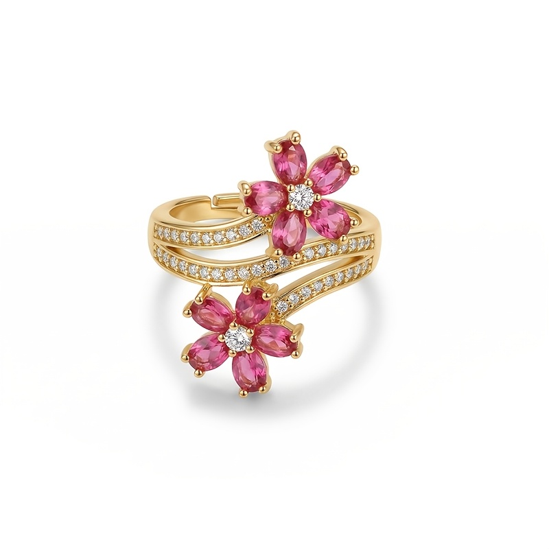 TEMU Un anneau ouvert de fleur en rouge réglable, luxueux et élégant pour femmes, ensemble avec de scintillantes zircons cubiques - Doté d'un design