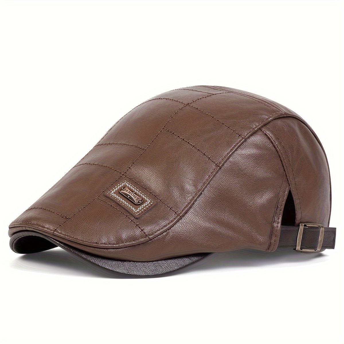 TEMU 1 Men's Pu Jamont Labeled Cap, Fashionable Beret Hat, Outdoor Adjustable Casual Hat, Suitable For Autumn/winter , Travel, Seaside Parties