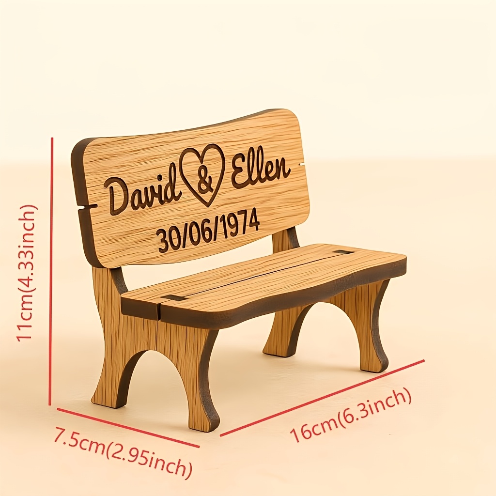TEMU 2D, mini ornement de banc en bois ; nom et date personnalisables, cadeau de 5e anniversaire de mariage, cadeau attentionné pour mariés, souvenir