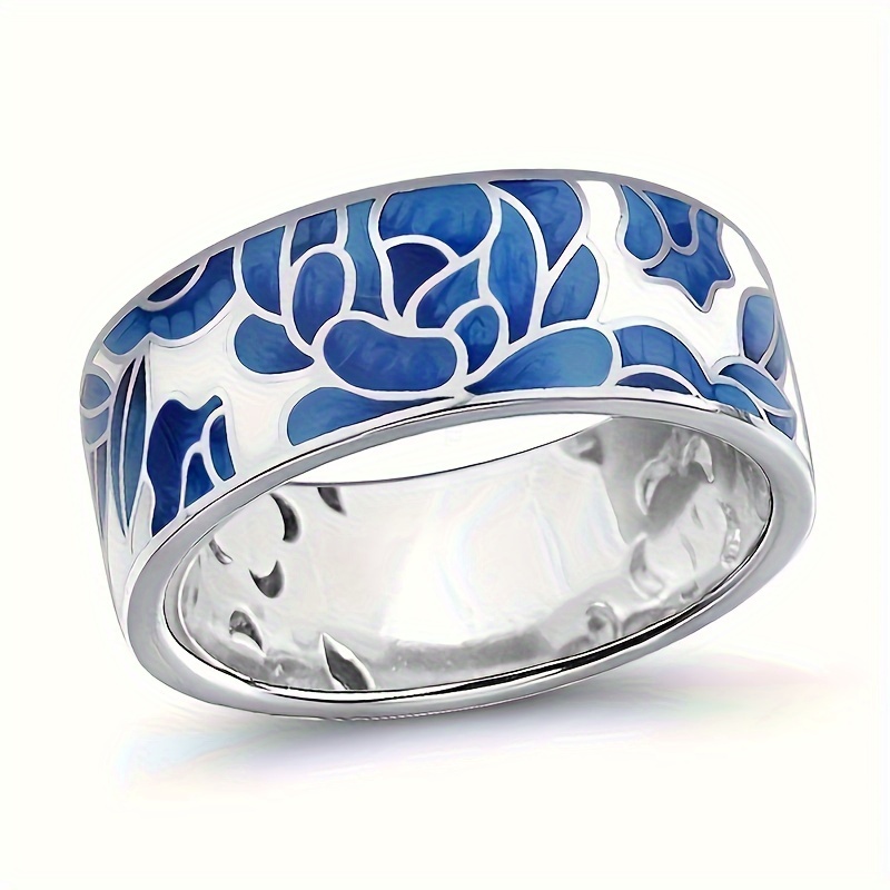 

Elegant Vintage Floral Wide Band Ring For Women, Blue And White Porcelain Style Pattern, Fashion Ring For Daily Casual And Party Accessory For Women