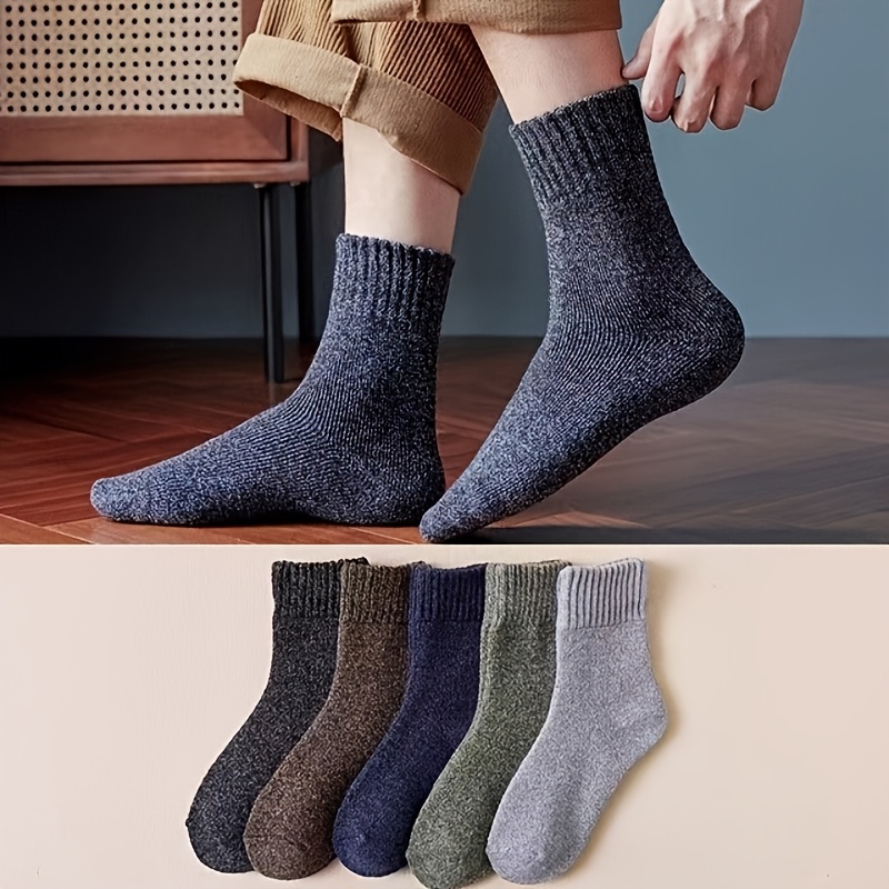 3/5 Pairs Men'S Thick Warm Knit Crew Socks - Solid Color Winter Socks with Ribbed Cuffs, Polyester Blend, Hand Wash Only, Ideal for Cold Weather Comfort, Winter Socks, Handwash Only Socks, Ribbed Cuff Socks, Durable Knit Socks