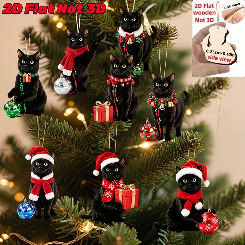 TEMU 2d Flat, 8pcs Set Of Christmas Black Kitten Wooden Hanging Ornaments, Featuring Kittens Wearing Different Christmas Decorations And Posing In