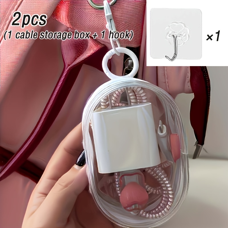 TEMU 2-pack Data Cable Organizer Box (includes 1 Hook) - Transparent, Portable, And Durable; Ideal For Storing Phone , Earphones, Cables, And More.