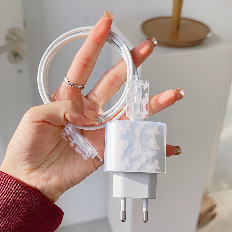White Pattern Suitable For European Round Hole Plug 14pro Max Charger Protective Shell European Standard 20w Fast Charging Head Protective Cover Data Cable Protective Cover