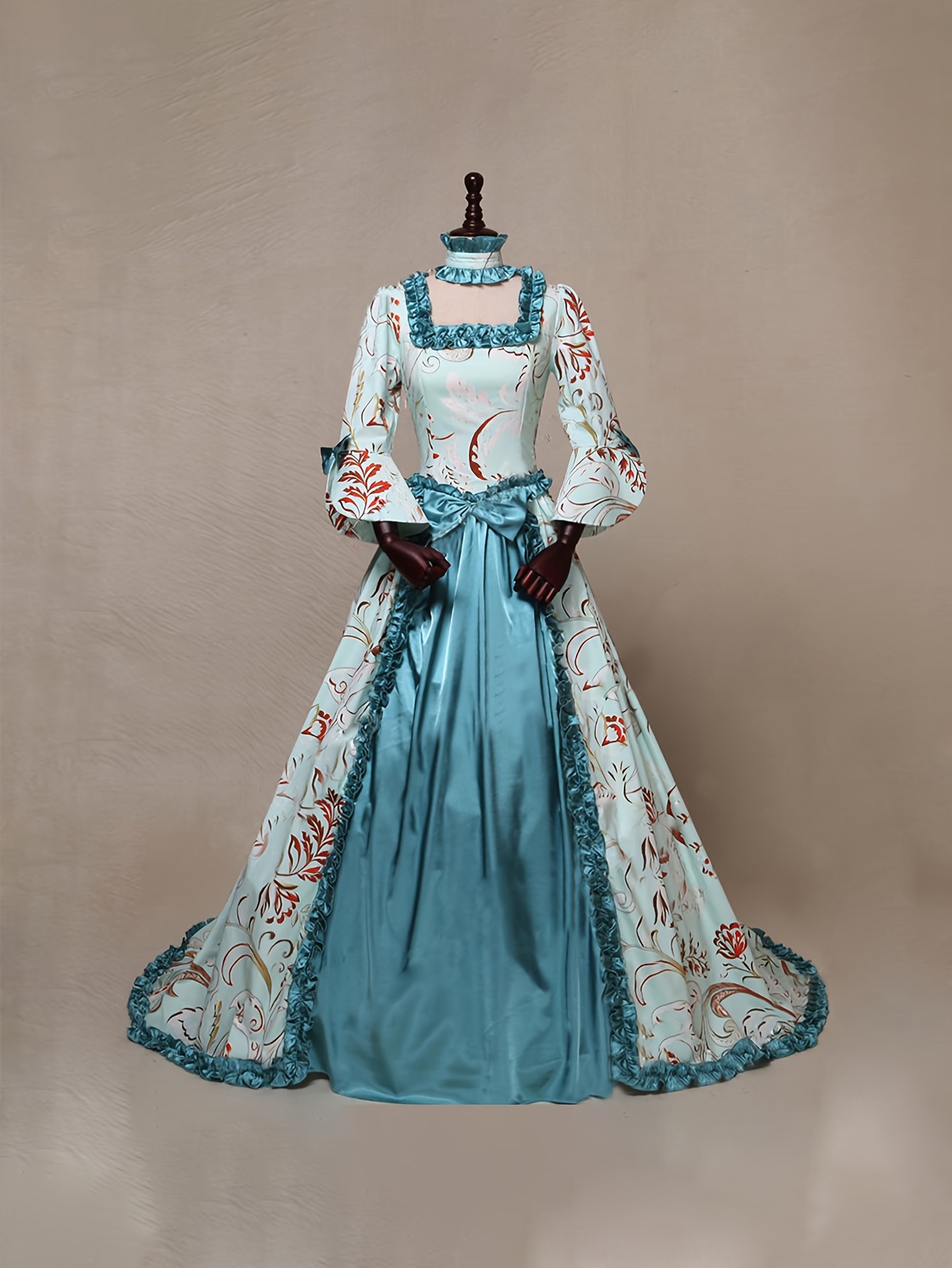 Medieval Victorian Princess Costume Dress Elegant Noblewoman Attire  with Floral Bird print in Turquoise Floral Full-Length Formal Party  Gown